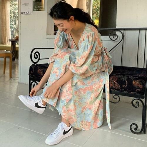 Bella Philosophy Summer Korean Floral Print Dress Elegant French Retro Designer Party Dress Casual Dye Spring Beach Long Dress