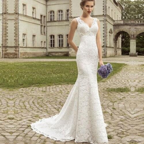 2016 New Vintage V neck Sleeveless Lace Up Back vestido de noiva manga longa Cheap Custom White Lace Mermaid Wedding Dresses