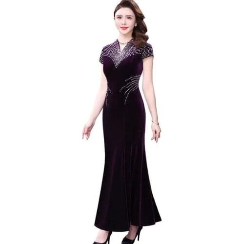 Vintage Mermaid Evening Dress Short Sleeve Women Diamonds Party Dresses 2021 Summer Autumn Elegant V-Neck Long Dresses Vestidos