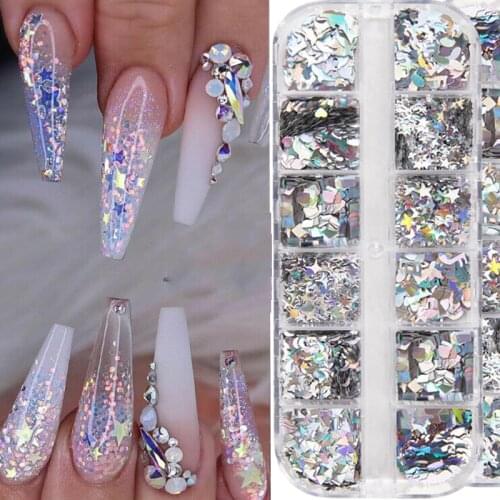 12 grids/box holographic laser nail sequins glitter mixed triangle moon star heart silver nail polish art decoration tips DIY