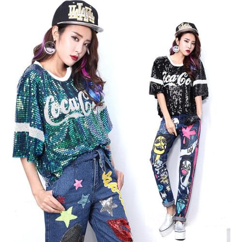 2016 Harajuku Summer Sequin Letters t shirt Women Hiphop Style Crop Top for woman
