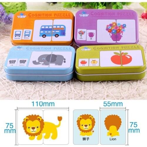 32pcs Baby Cognition Puzzle Toys Toddler Kids Iron Box Cards Matching Game Cognitive Card Car Fruit Animal Life Puzzle