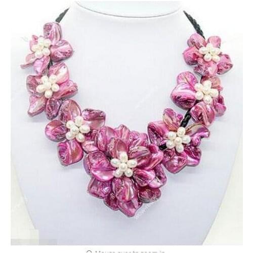 Free Shipping fashion jewel white pearl pink mother of pearl shell weave 7 flower necklace 18"