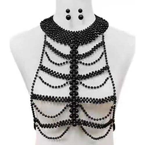 Fashion style exaggerated pearl vest crystal shoulder chain handmade beaded body chain sexy necklace chest chain accessories
