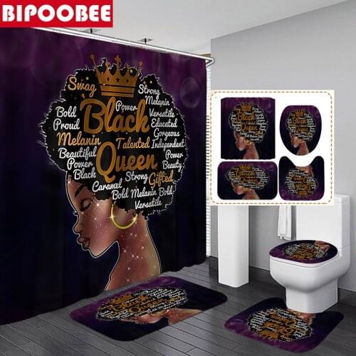 Black Queen Shower Curtain Sets with Hooks for Bathroom Durable African American Bathtub Curtians Bath Mat Non-Slip Carpet