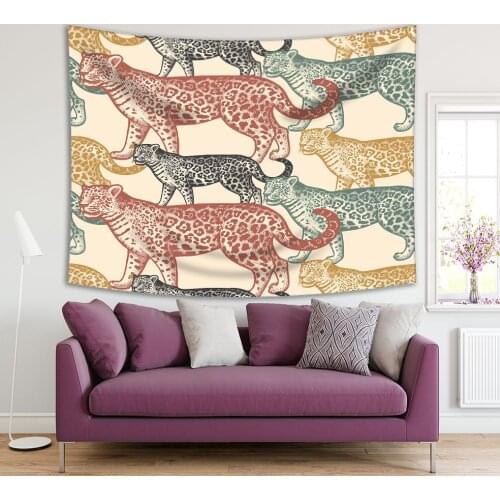 Tapestry South America Jaguar Wildlife Animals in Vintage Colors Artwork Printed Black Beige Green Yellow