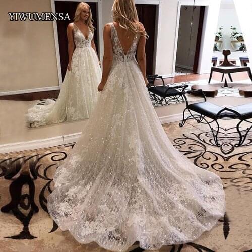 H259 Shinny Tulle A Line Wedding Dress Boho Backless Sexy Bridal Gowns Custom Made V Neck Robe De Mariee 2021 Vestido De Novias