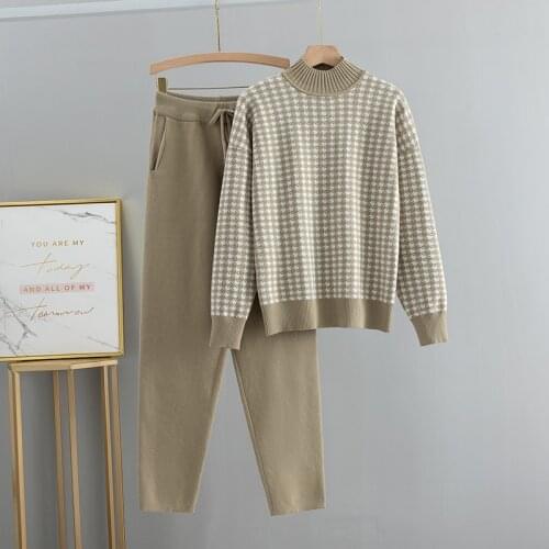 BYGOUBY Goose Foot Embroidery Turtleneck Sweater + Pants Women Sweatersuits 2pcs Suit Ladies Winter Clothing Set