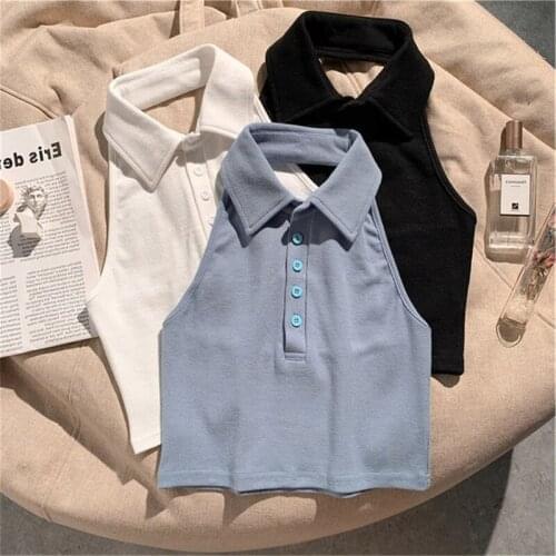 2021 Summer Retro Open Back Vest Sleeveless Polo Collar Short T-shirt Crop Tank Tops Halter Knitted Vest Top Sexy Backless Slim
