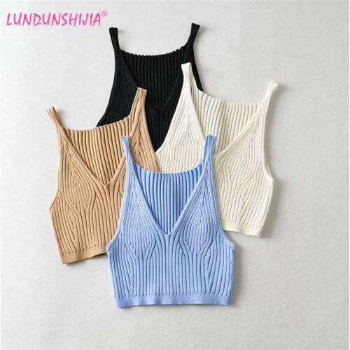 LUNDUNSHIJIA 2021 Summer Womens Crop Top Sexy Big V-Neck Elastic Crochet Knitting Sleeveless Solid Camis Top Bar 4 Colors