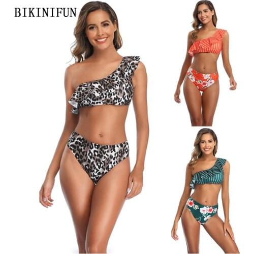 2020 New Sexy Single Shoulder Swimsuit Women Leopard Swimwear Ruffled Strap Beachwear S-XL Girl Striped Patchwork Bikini Set