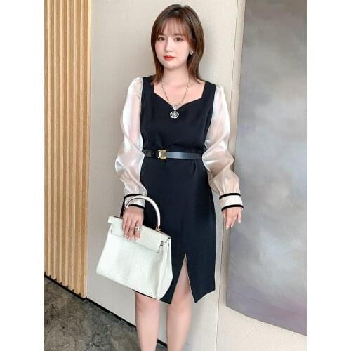 High quality Square neck stitching glossy yarn sleeve belt dress 2021 summer