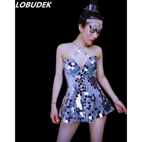 Silver Double-Side Mirrors Halter Short Dress Bar Party Shining Sequins Women Mini Dress Birthday Show Stage Performance Costume
