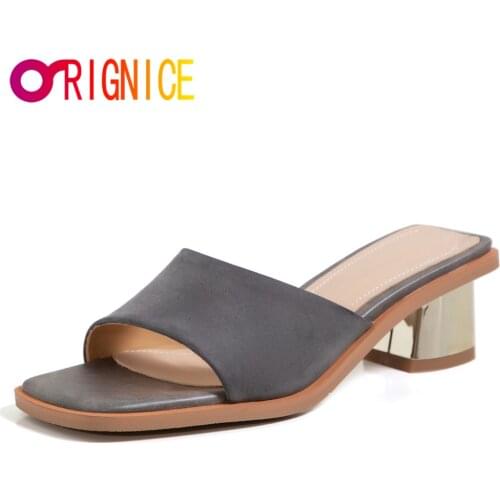 Orignice Big Size Summer Women Slides High Square Block Heel Slippers Kid Suede Casual Peep Toe Outdoor Slip-on Lady Sandals