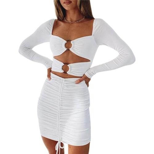 Sexy Ladies Bodycon Mini Dress Fall Spring Women Solid Long Sleeve High Waist Strapless Hollow Ruched Pleated Vestido Party Club