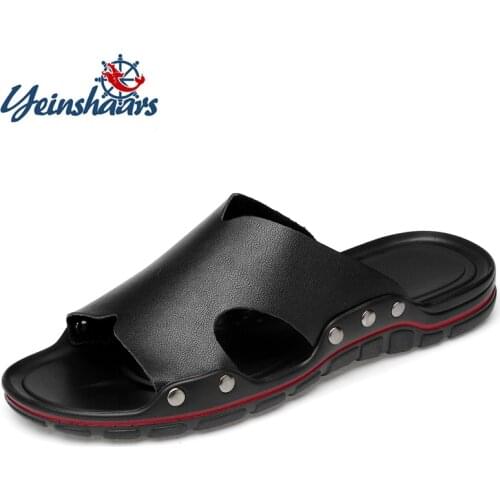 YEINSHAARS Cow Leather Slippers Men Summer Fashion Slides Men Super Cool Teen Slippers Sandals Men Beach Slipper Big Size 38-47