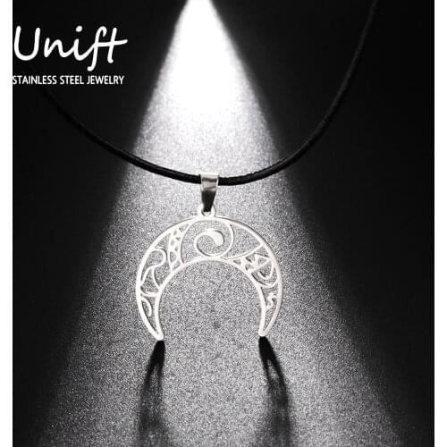 Unift Vintage Crescent Moon Necklace Stainless Steel Charms Leather Cord Choker Rune Wicca Amulet Punk Gothic Jewelry Party Gift