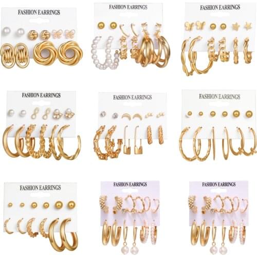 European and American vintage jewelry with golden earrings 6-piece set French geometric inlaid pearl earrings for women party