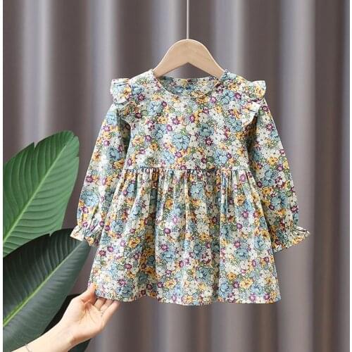 Spring baby girl clothes kids outfits floral long sleeve belt dress for girls baby clothing 1st birthday princess dresses dress