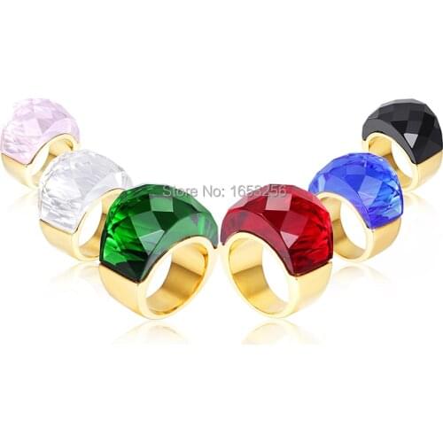 Choose Colour 6-9# Best Holiday Gifts Jewelry Fashionable Unadjustable Women Men Ring Stainless Steel Gold Glass Stone