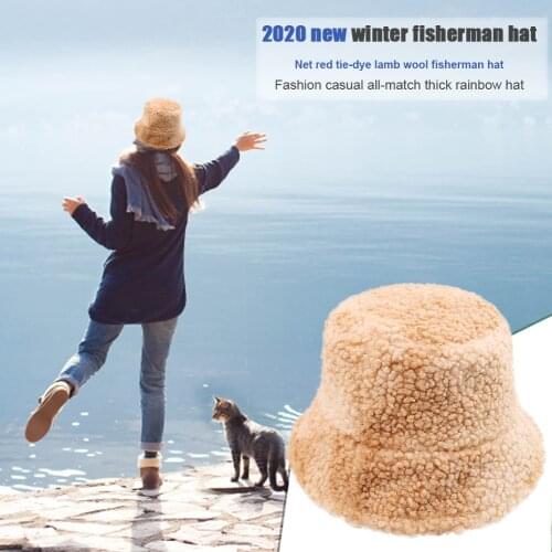 Women Solid Color Fleece Tie Dyed Winter Bucket Hats Thick Warm Women Korean Outdoor Sunscreen Panama Travel Fisherman Hat