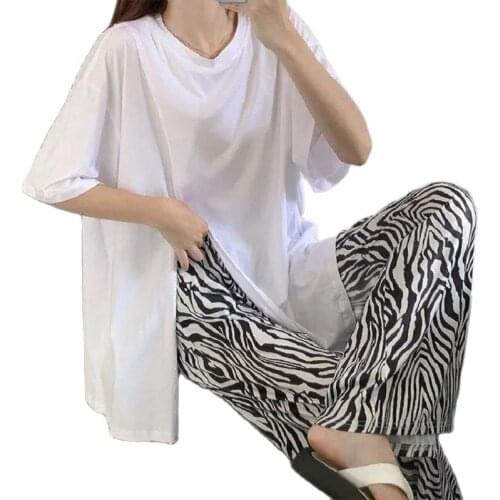 Womens Suit 2021 Summer Fashion Oversized Suit For Women Casual Suit Zebra Wide Leg Pants T-Shirt Two Piece Set Women