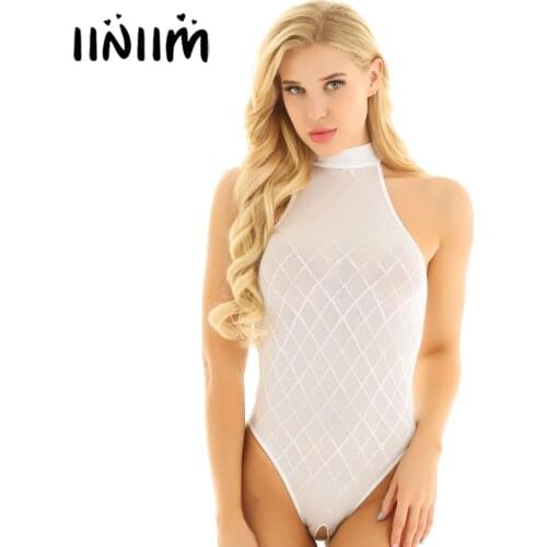 Womens Lingerie See Through Mesh Teddies Bodysuit Sleeveless Mock Neck Plaid High Cut Open Crotch Leotard Bodysuit Nightwear