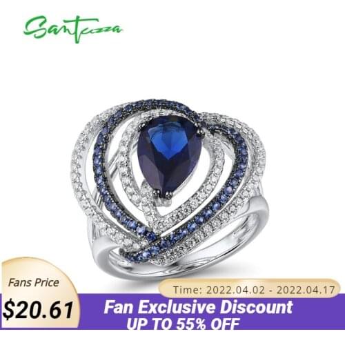 SANTUZZA Silver Ring For Women Pure 925 Sterling Silver Heart Sparkling Blue Stones Trendy Party anillos Fine Jewelry