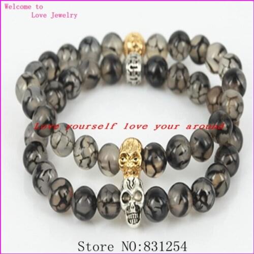 2pcs 8mm Natural Beads Stone Bracelet Skull Head Bracelet Mens Yoga Bracelet Men Statement Bracelet