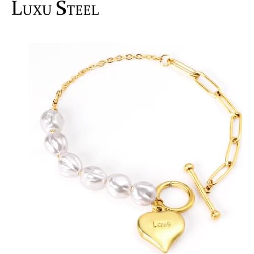 LUXUSTEEL 2021 Love Heart Imitation Pearl Bracelet Mujer Pulsera Women Stainless Steel Gold Color Fashion Bracelets Accessories