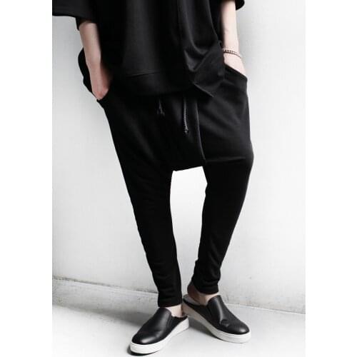 Dark black pants mens original design casual large leg pants show thin elastic waist radish pants Harem Pants