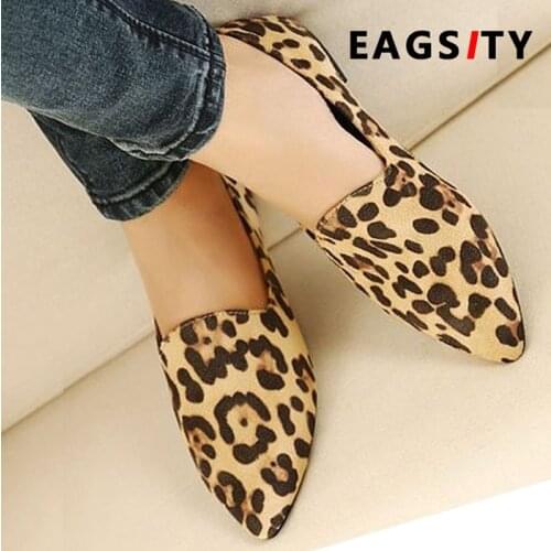 EAGSITY leopard loafers for women flats pointed toe slip on suede casual shoes comfort ladies flat shoes party driving