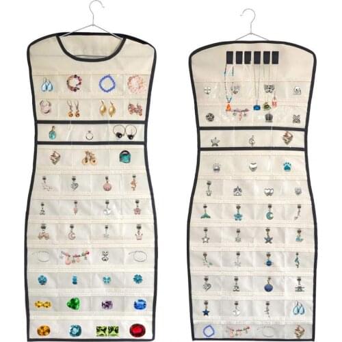 HOT SALES !!! Hanging Jewelry Organizer Dress-Like Double Side 84 Clear Pockets 6 Magic Sticker for Storing Jewelries Earrings N