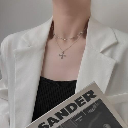 QiLuxy Multilayer Cross Zircon Pendant Necklaces for Women Fashion Punk Hip Hop Long Chain Cool Simple Necklace Jewelry Gifts