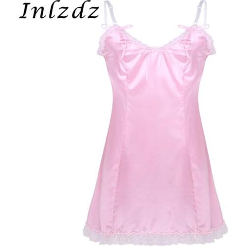 Mens Sissy Crossdresser Satin Dress V-neckline Low Back Exotic Sex Costume Fancy Vintage Slip Lingerie Sissy Crossdressing Dress