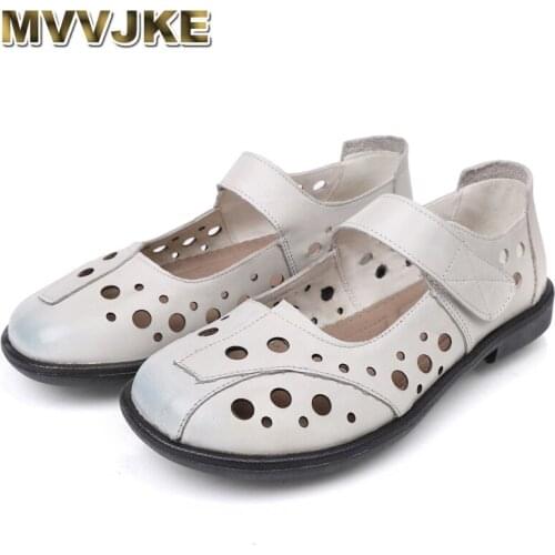 MVVJKE Breathable Hollow Summer Woman Flats Genuine Leather Women Beach Shoes Cutouts Women Flats New Casual Women Loafers