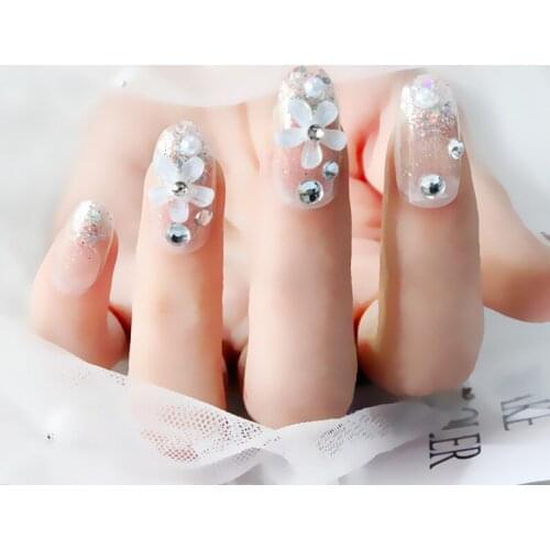 24pcs/Set Pretty Flower Decal Fake Nails Round Head Silver Glitter Bride Wedding Artificial Nail Manicure Full Tips with Glue