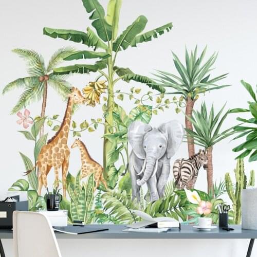 Nordic Green Plant Wall Stickers Home Decor Living Room Sofa Bedroom Decoration Tropical Rainforest Elephant Giraffe Decals