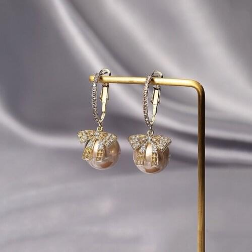 New Trendy Korean Oversized Gray Pearl Drop Earrings for Women Classic Golden Round Crystal Wedding Earrings Jewelry Gift Party