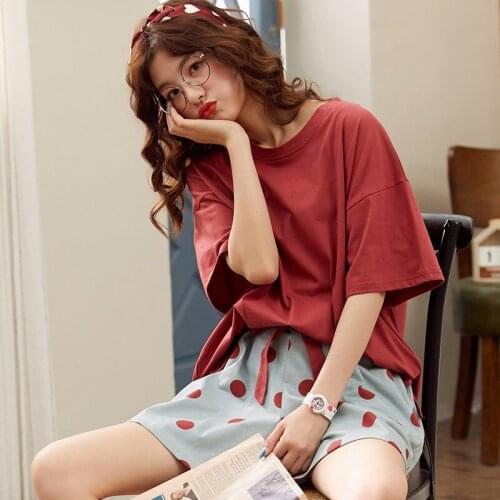 Pajamas Womens Summer Cotton Short-sleeved Shorts 2piece Suit Casual Breathable Comfortable Loose Large Size Pijama Corto Mujer