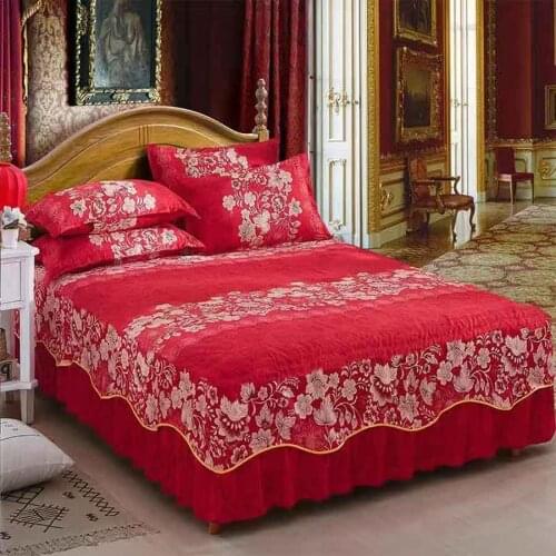 WOSTAR Red rose Floral bed Sheet Cover elegant Lace Bedspread Bedroom Decoration Fitted Sheet Mattress Cover Non-slip Bed Skirt