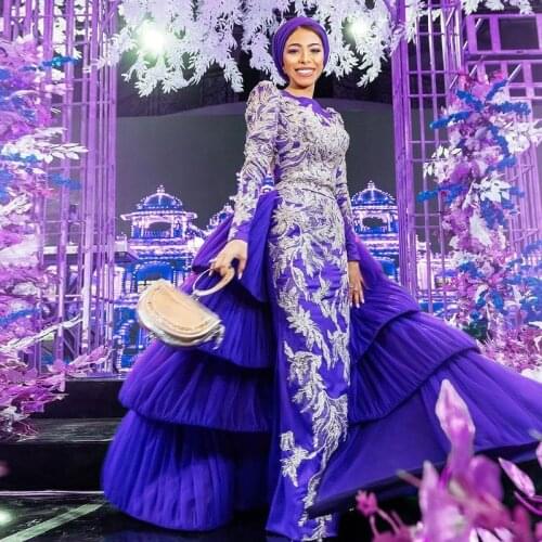 Luxury Purple Dubai Arabic Women Mermaid Prom Dresses 2021 Sheer Neck Detachable Train Evening Dress Formal Party Wear Custom