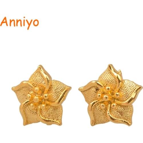 Anniyo Small Size Flower Stud Earrings for Women/Girl Gold Color Plant Jewelry Arab African Gifts #005025