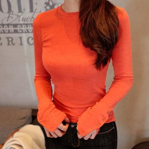 Shintimes O-Neck Slim T Shirt Women 2020 Autumn Vogue T-shirt Korean Sexy Elasticity Button Long Sleeve Basic Tee Shirt Femme