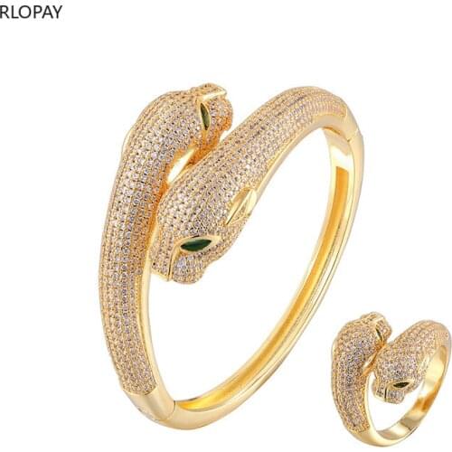 Two Head Leopard Cooper Bracelet with Ring Lucky Animal Hand Bangles for Women Luxury Full Stone Cubic Zirconia Bangle Sets