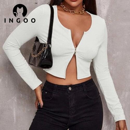 INGOO Retro Long Sleeve Bodycon Top Women Sexy Double Zipper Knit Short Cardigan Autumn Solid Vintage Slim Casual Street T-shirt