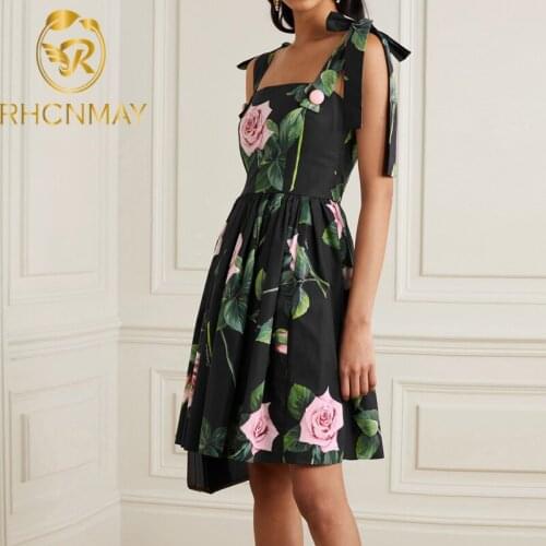 Runway Summer Fashion Designer Short Dress Women Spaghetti Strap Floral Print Mini Dress Elegant Party A Line Female Dresses