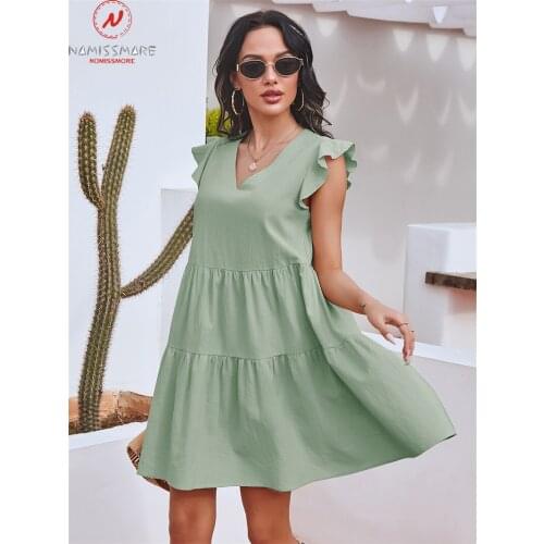 Fashion Women Summer Solid Color A-Line Dress Patchwork Design Ruffles Decor V-Neck Sleevelss Mid Waist Casual Pullovers Dress