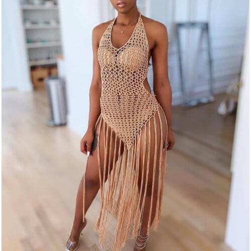 Halter Knitted Hollow Out Tassel Sexy Backless Bandage Summer Dress Long Dress Beachwear Casual Bodycon Dress