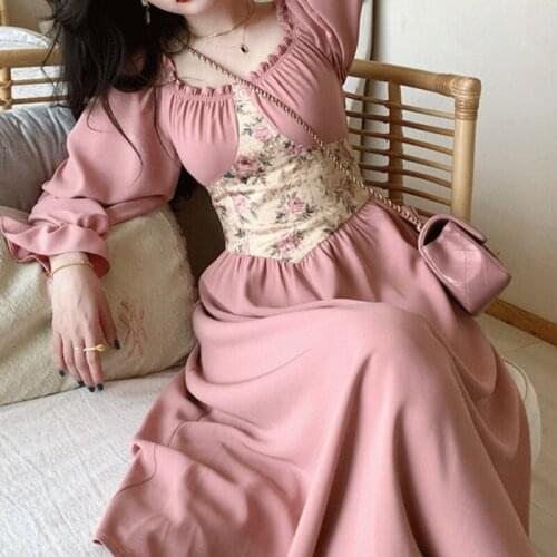 Patchwork Vintage Dress Women France Retro High Waist Elegant Sweet Midi Dress Female Long Sleeve Party Outing Casual Slim Dress